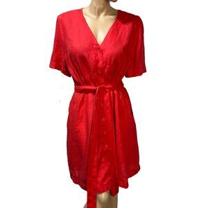 Ro&Zo Linen Shirt Dress Size UK 18 / US 14 Coral  Button Front Tie Belt NEW